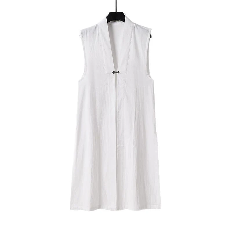 Damen Langer ärmelloser Kimono-Weste mit minimalistischer Linienführung und dekorativem Knebelverschluss Drune