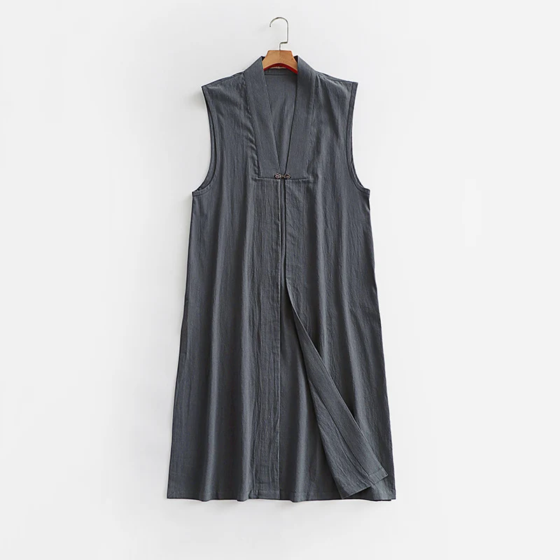 Damen Langer ärmelloser Kimono-Weste aus Leinenmix mit schmaler Schalkante und dekorativem Knebelverschluss Drune