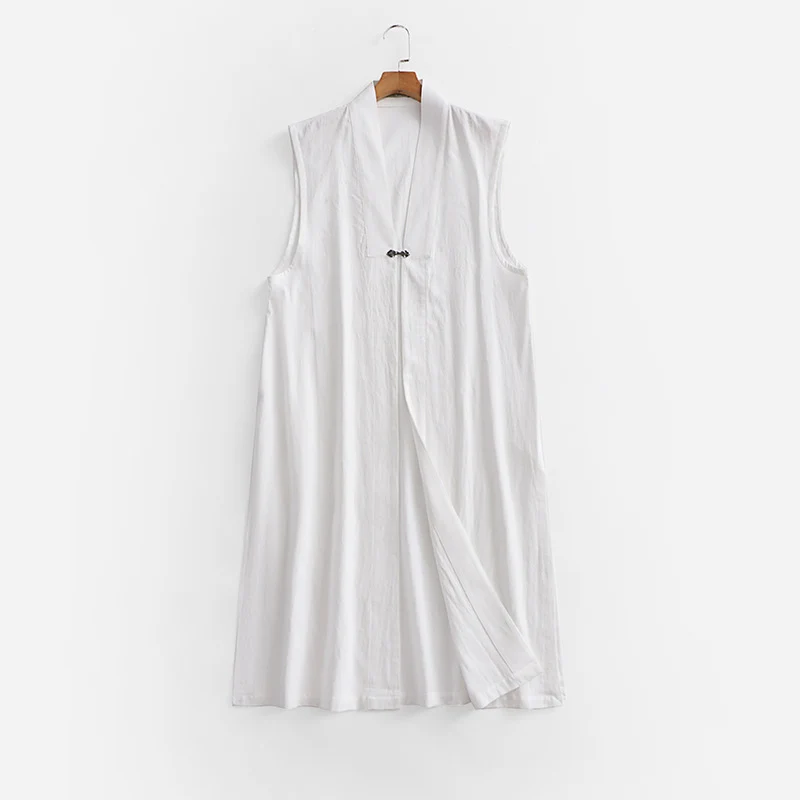 Damen Langer ärmelloser Kimono-Weste aus Leinenmix mit schmaler Schalkante und dekorativem Knebelverschluss Drune