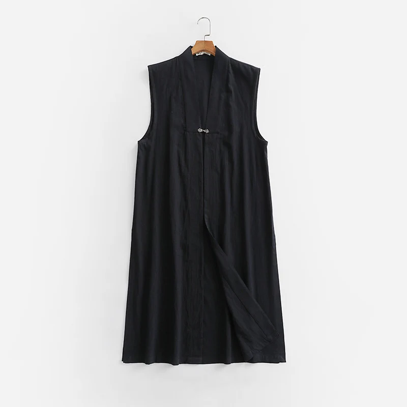 Damen Langer ärmelloser Kimono-Weste aus Leinenmix mit schmaler Schalkante und dekorativem Knebelverschluss Drune