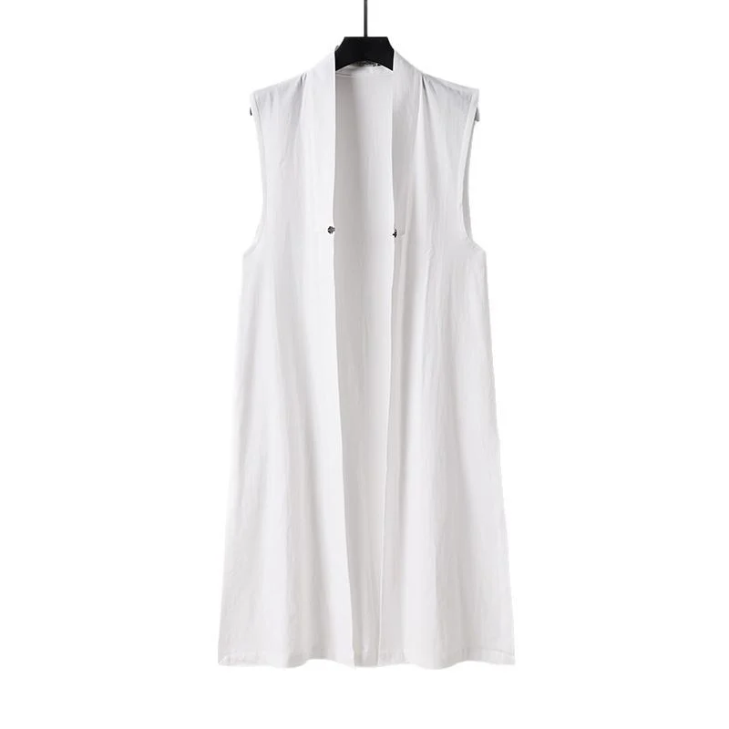 Damen Langer ärmelloser Kimono-Weste aus Leinenmix mit schmaler Schalkante und dekorativem Knebelverschluss Drune