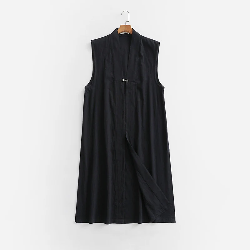 Damen Langer ärmelloser Kimono-Weste aus Leinenmix mit schmaler Schalkante und dekorativem Knebelverschluss Drune