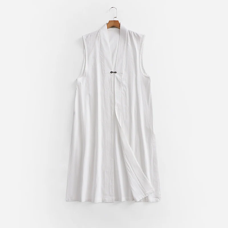 Damen Langer ärmelloser Kimono-Weste aus Leinenmix mit schmaler Schalkante und dekorativem Knebelverschluss Drune
