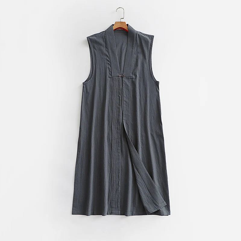 Damen Langer ärmelloser Kimono-Weste aus Leinenmix mit schmaler Schalkante und dekorativem Knebelverschluss Drune