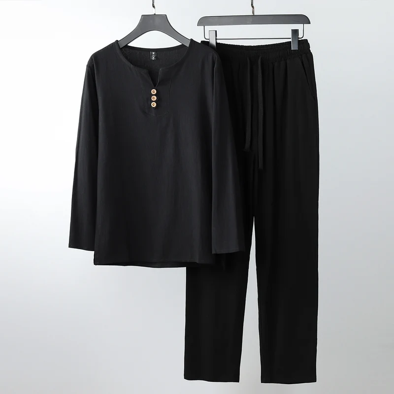 Damen Komfortables Baumwoll-Loungewear-Set mit Henley-Ausschnitt und Kordelbundhose Drune