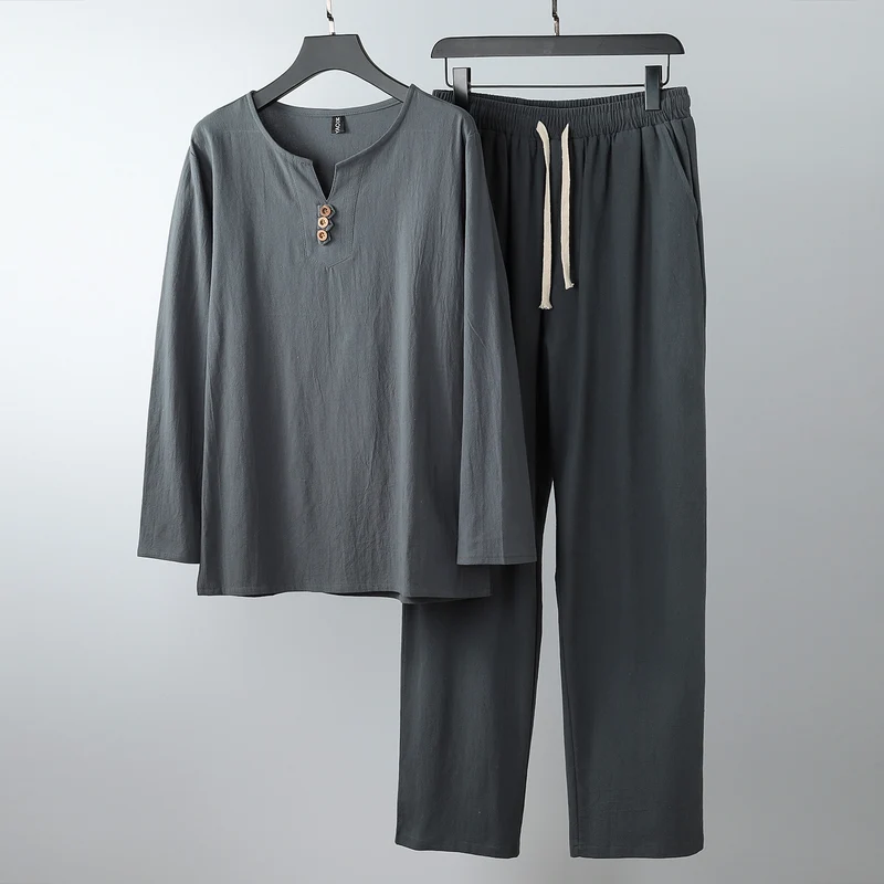 Damen Komfortables Baumwoll-Loungewear-Set mit Henley-Ausschnitt und Kordelbundhose Drune