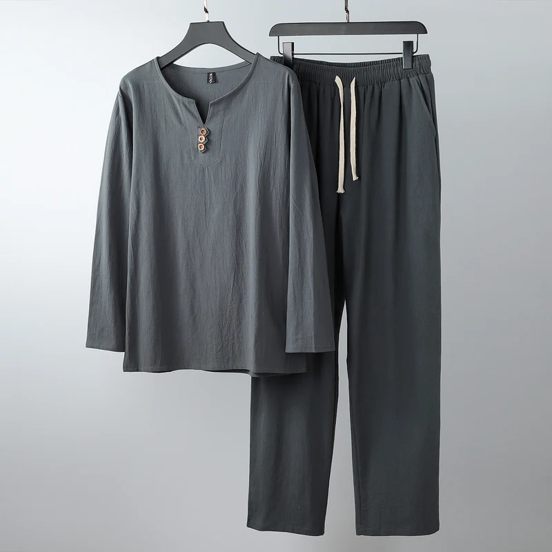 Damen Komfortables Baumwoll-Loungewear-Set mit Henley-Ausschnitt und Kordelbundhose Drune
