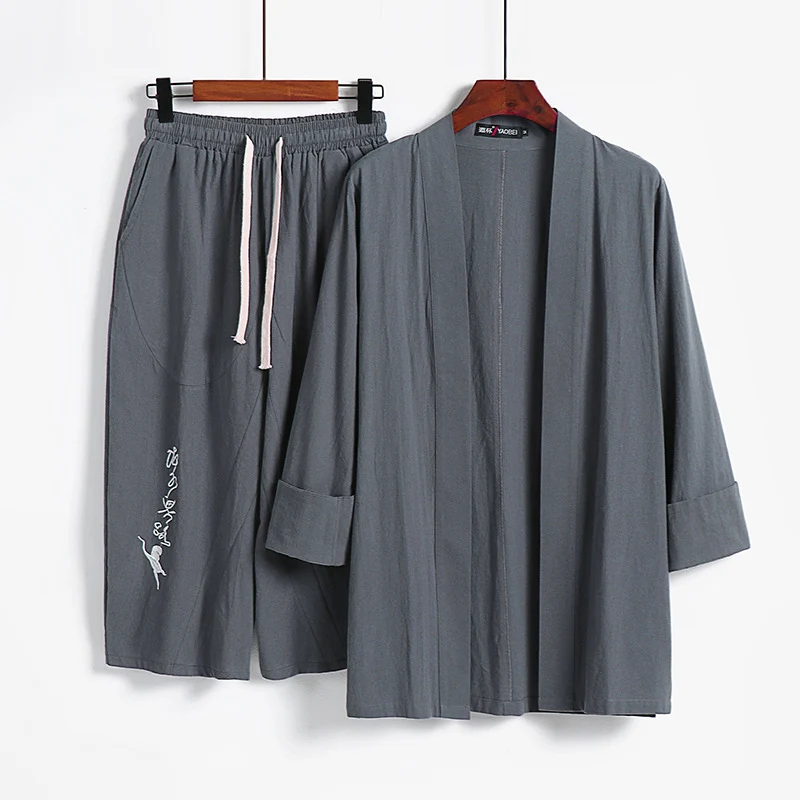 Damen Kimono-Set aus leichter Baumwollmischung offene Jacke mit lässig gekrempelten Ärmeln und weiter Haremshose mit Kordelzug Drune
