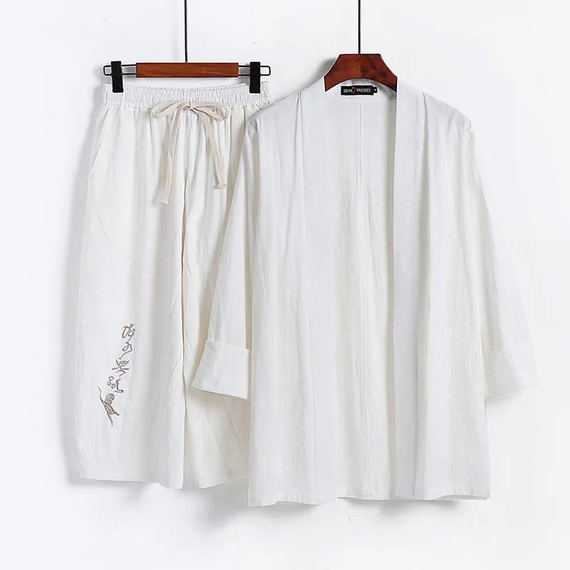 Damen Kimono-Set aus leichter Baumwollmischung offene Jacke mit lässig gekrempelten Ärmeln und weiter Haremshose mit Kordelzug Drune