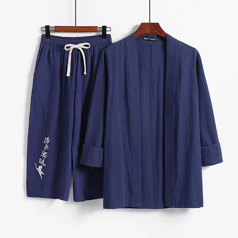 Damen Kimono-Set aus leichter Baumwollmischung offene Jacke mit lässig gekrempelten Ärmeln und weiter Haremshose mit Kordelzug Drune
