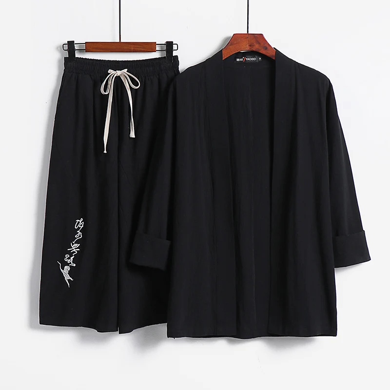 Damen Kimono-Set aus leichter Baumwollmischung offene Jacke mit lässig gekrempelten Ärmeln und weiter Haremshose mit Kordelzug Drune