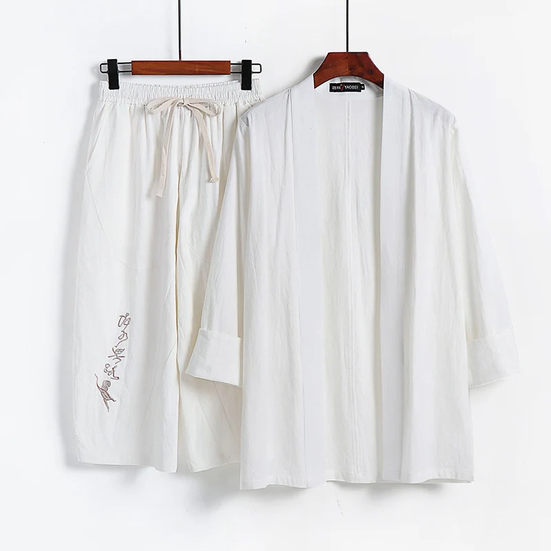 Damen Kimono-Set aus leichter Baumwollmischung offene Jacke mit lässig gekrempelten Ärmeln und weiter Haremshose mit Kordelzug Drune