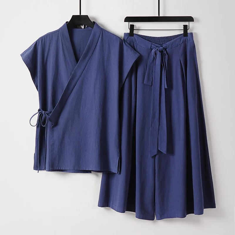 Damen Kimono-Loungewear-Set mit Wickeloberteil und weiter Palazzo-Hose Drune