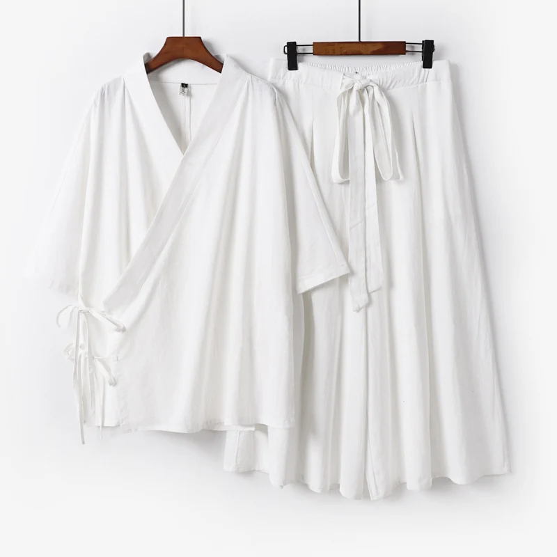 Damen Kimono-Loungewear-Set aus leichter Viskose mit Wickeloberteil und weitem Culotte-Hosenrock Drune