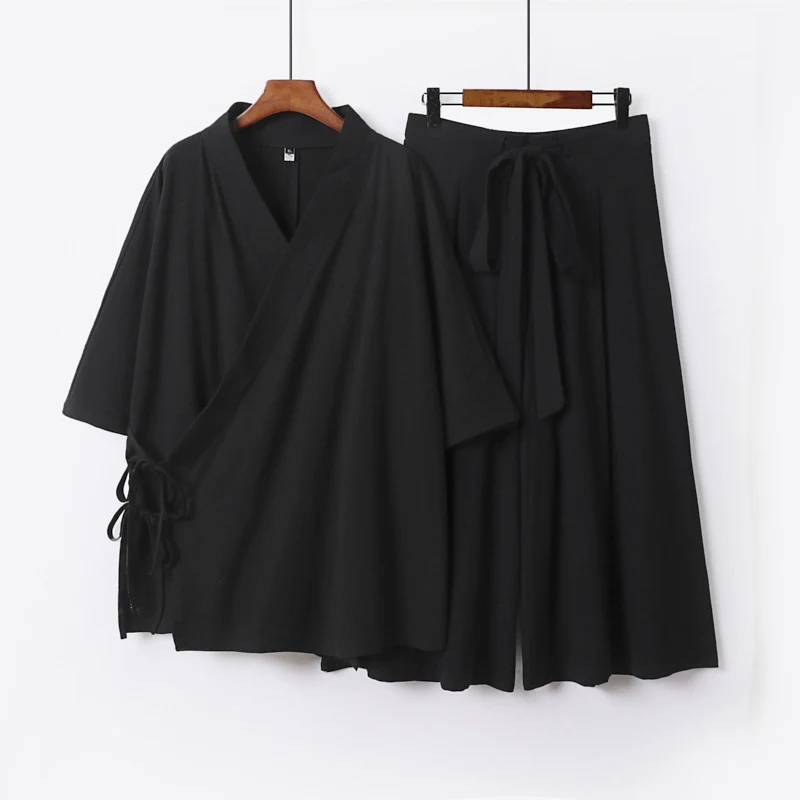 Damen Kimono-Loungewear-Set aus leichter Viskose mit Wickeloberteil und weitem Culotte-Hosenrock Drune