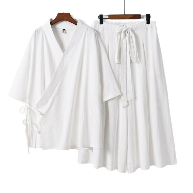 Damen Kimono-Loungewear-Set aus leichter Viskose mit Wickeloberteil und weitem Culotte-Hosenrock Drune
