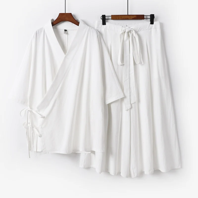 Damen Kimono-Loungewear-Set aus leichter Viskose mit Wickeloberteil und weitem Culotte-Hosenrock Drune