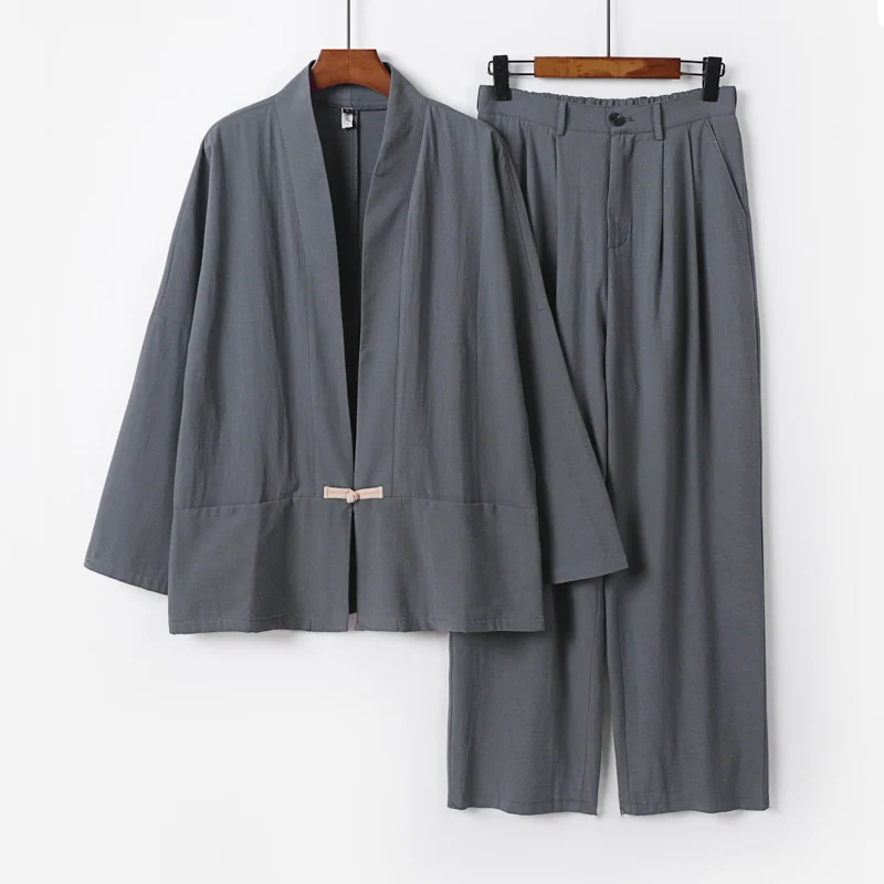 Damen Kimono-Lounge-Set aus leichtem Viskose-Leinen mit dekorativem Knebelverschluss und weiter Bundhose Drune