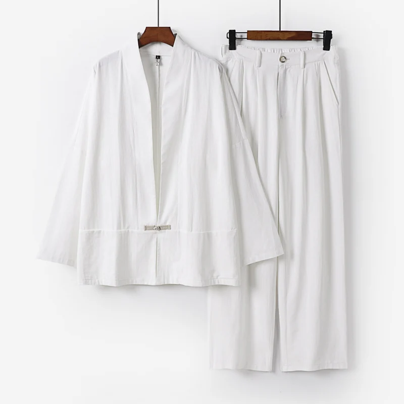 Damen Kimono-Lounge-Set aus leichtem Viskose-Leinen mit dekorativem Knebelverschluss und weiter Bundhose Drune