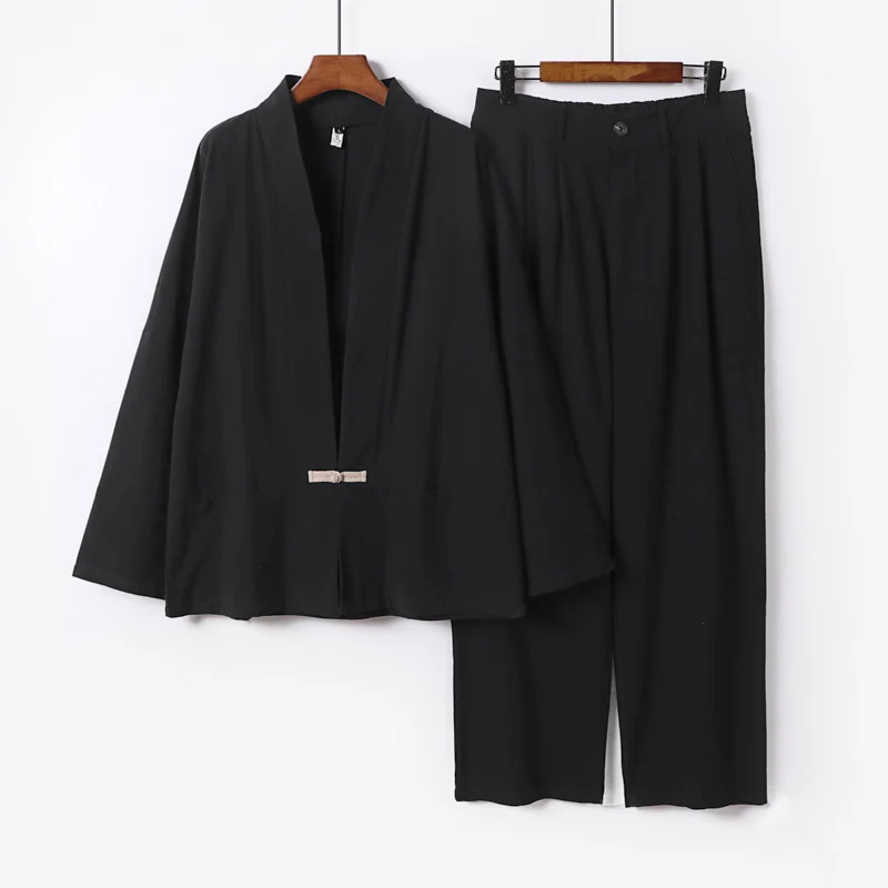 Damen Kimono-Lounge-Set aus leichtem Viskose-Leinen mit dekorativem Knebelverschluss und weiter Bundhose Drune