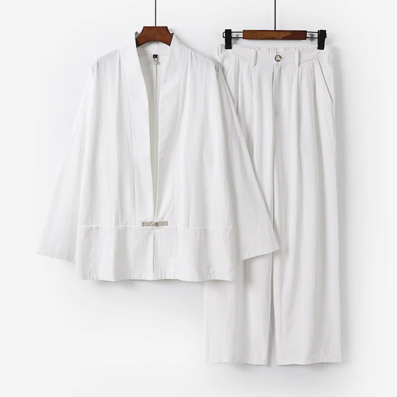 Damen Kimono-Lounge-Set aus leichtem Viskose-Leinen mit dekorativem Knebelverschluss und weiter Bundhose Drune