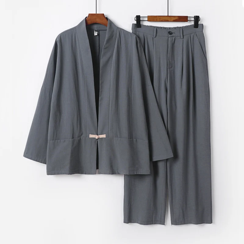 Damen Kimono-Lounge-Set aus leichtem Viskose-Leinen mit dekorativem Knebelverschluss und weiter Bundhose Drune