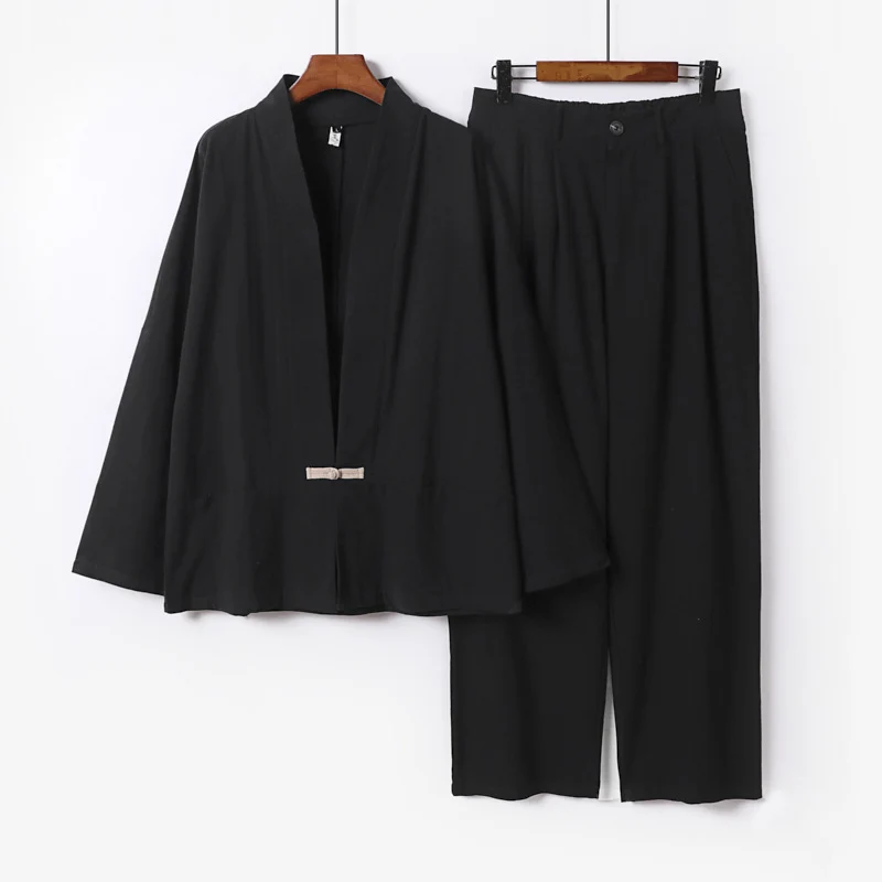 Damen Kimono-Lounge-Set aus leichtem Viskose-Leinen mit dekorativem Knebelverschluss und weiter Bundhose Drune