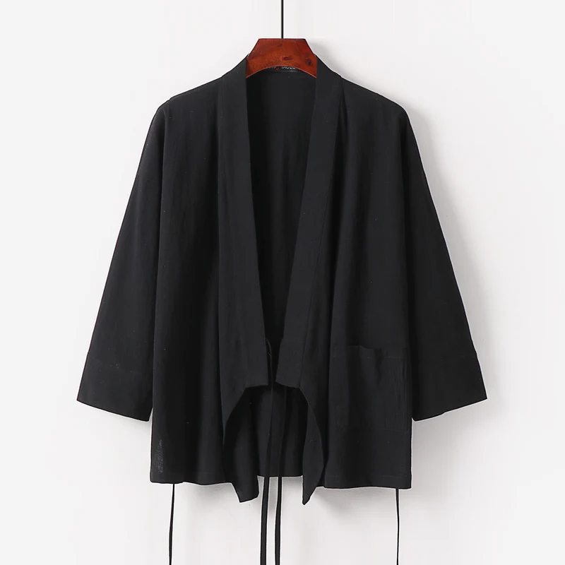 Damen Kimono-Cardigan aus Baumwoll-Leinen mit dreiviertelärmeln Bindegürtel und aufgesetzten Taschen Drune
