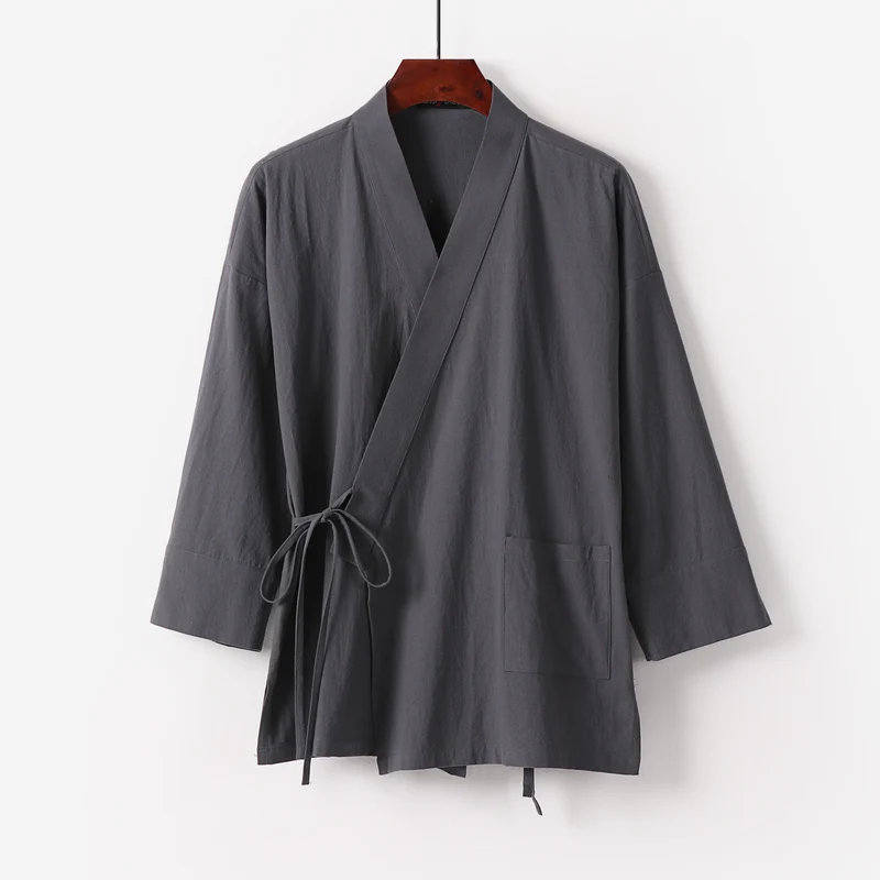 Damen Kimono-Cardigan aus Baumwoll-Leinen mit dreiviertelärmeln Bindegürtel und aufgesetzten Taschen Drune