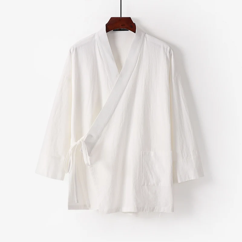 Damen Kimono-Cardigan aus Baumwoll-Leinen mit dreiviertelärmeln Bindegürtel und aufgesetzten Taschen Drune