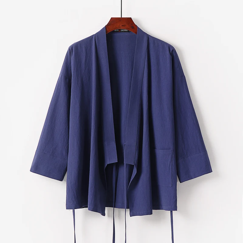 Damen Kimono-Cardigan aus Baumwoll-Leinen mit dreiviertelärmeln Bindegürtel und aufgesetzten Taschen Drune
