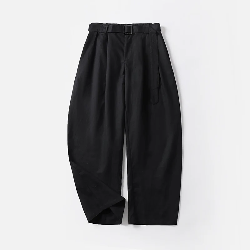 Damen Hochtaillierte Leinen-Baumwoll Bundfaltenhose mit Bindegürtel und tapered Bein Drune