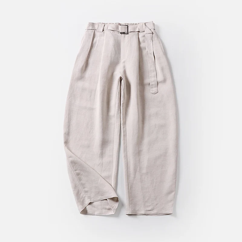 Damen Hochtaillierte Leinen-Baumwoll Bundfaltenhose mit Bindegürtel und tapered Bein Drune