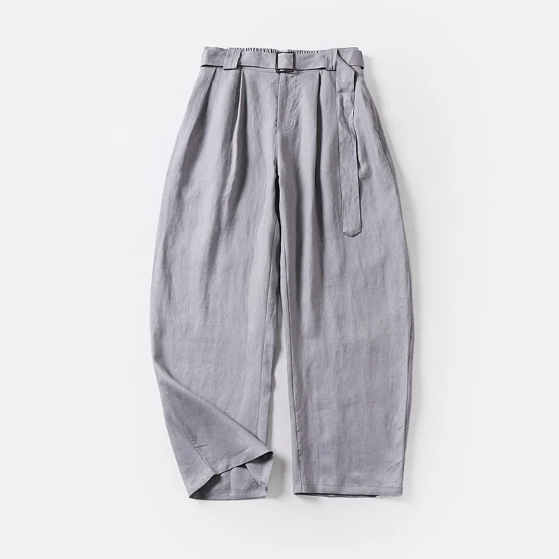 Damen Hochtaillierte Leinen-Baumwoll Bundfaltenhose mit Bindegürtel und tapered Bein Drune
