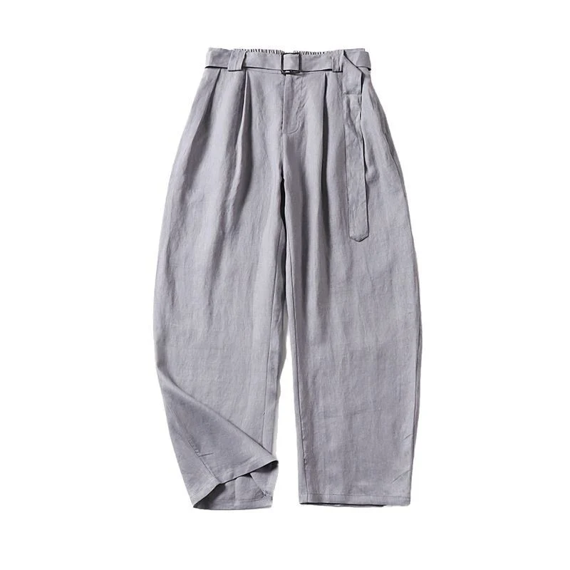 Damen Hochtaillierte Leinen-Baumwoll Bundfaltenhose mit Bindegürtel und tapered Bein Drune