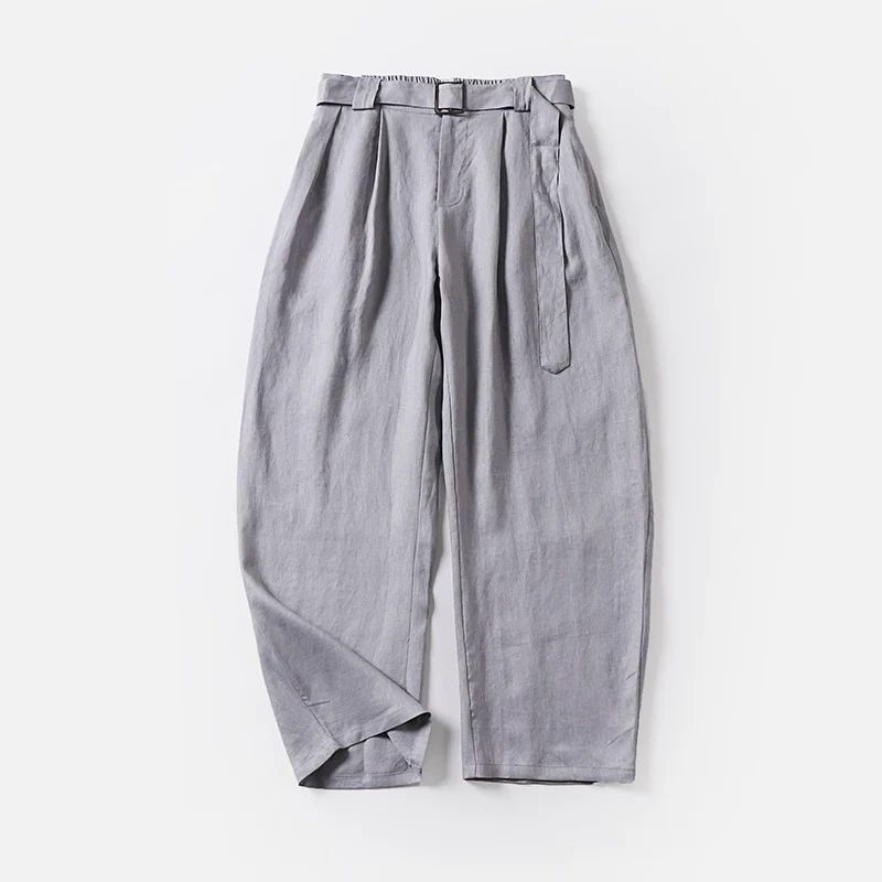Damen Hochtaillierte Leinen-Baumwoll Bundfaltenhose mit Bindegürtel und tapered Bein Drune