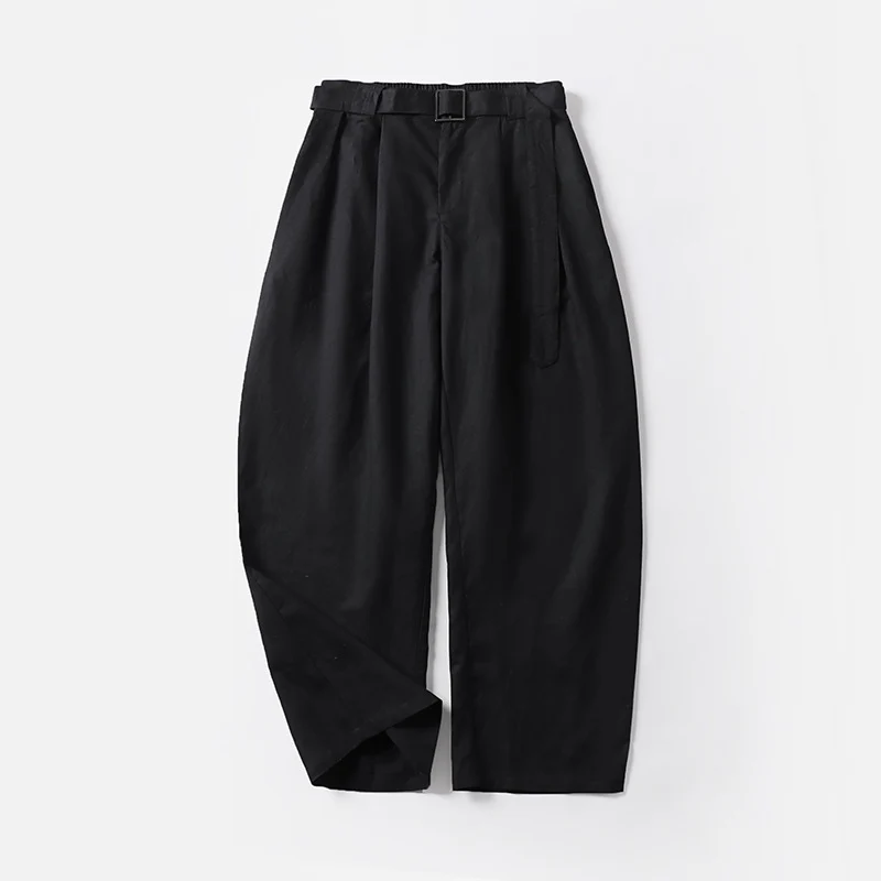 Damen Hochtaillierte Leinen-Baumwoll Bundfaltenhose mit Bindegürtel und tapered Bein Drune
