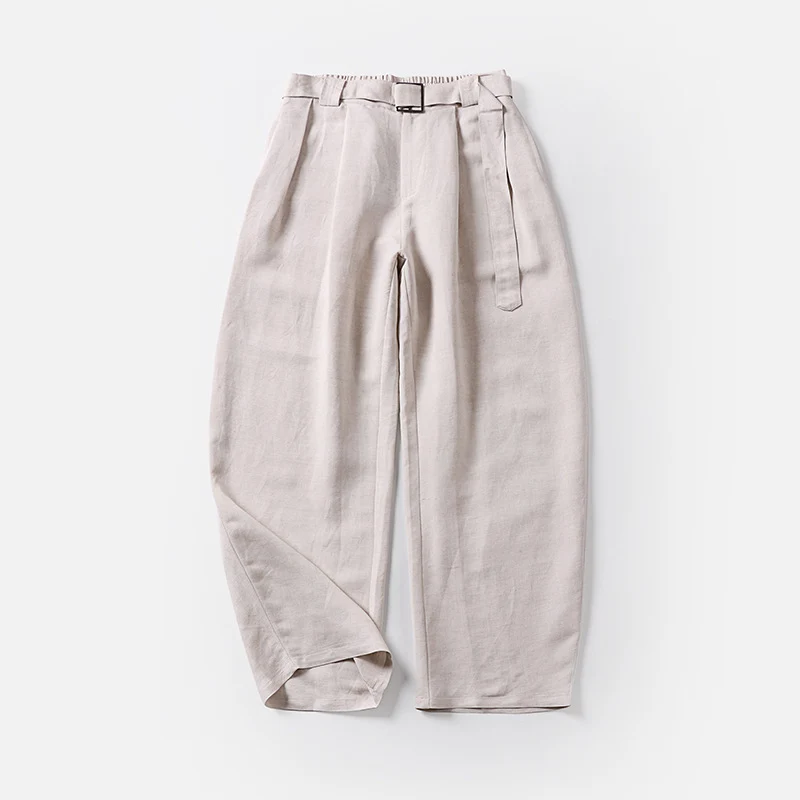 Damen Hochtaillierte Leinen-Baumwoll Bundfaltenhose mit Bindegürtel und tapered Bein Drune