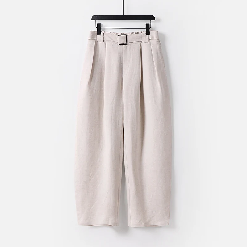 Damen Hochgeschnittene weite Leinenmix-Hose mit Bundfalten und Stoffgürtel Drune