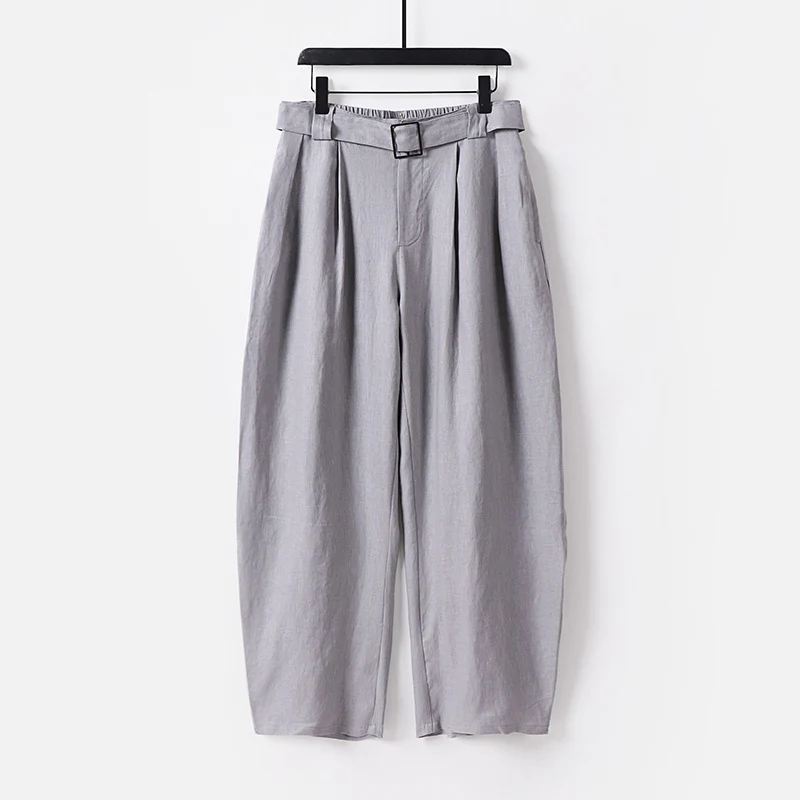 Damen Hochgeschnittene weite Leinenmix-Hose mit Bundfalten und Stoffgürtel Drune