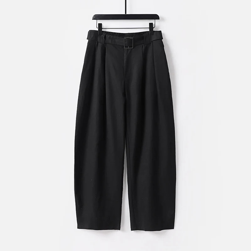 Damen Hochgeschnittene weite Leinenmix-Hose mit Bundfalten und Stoffgürtel Drune