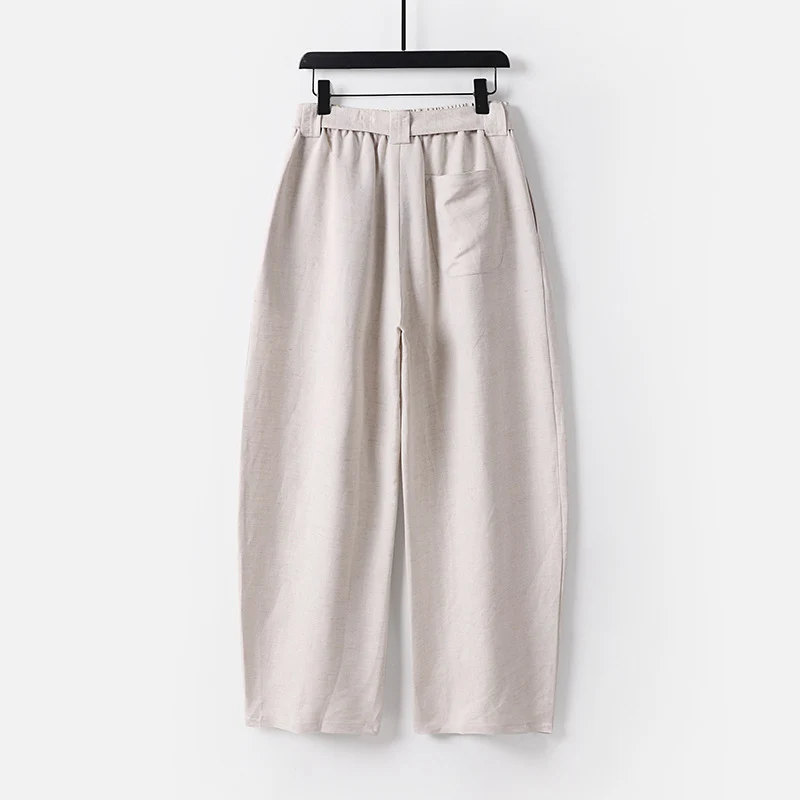 Damen Hochgeschnittene weite Leinenmix-Hose mit Bundfalten und Stoffgürtel Drune