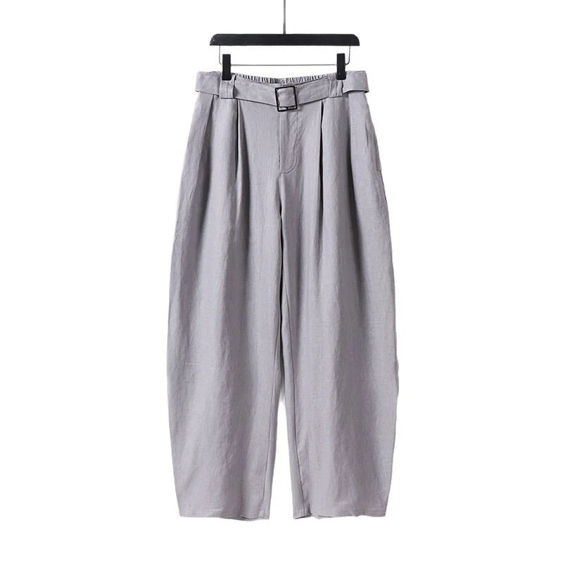 Damen Hochgeschnittene weite Leinenmix-Hose mit Bundfalten und Stoffgürtel Drune