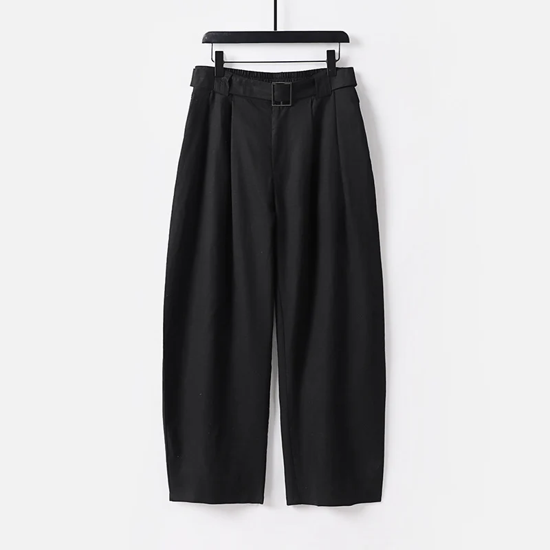 Damen Hochgeschnittene weite Leinenmix-Hose mit Bundfalten und Stoffgürtel Drune