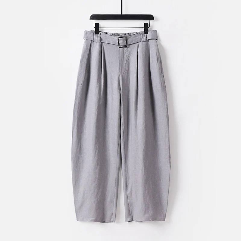 Damen Hochgeschnittene weite Leinenmix-Hose mit Bundfalten und Stoffgürtel Drune