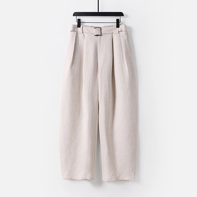 Damen Hochgeschnittene weite Leinenmix-Hose mit Bundfalten und Stoffgürtel Drune
