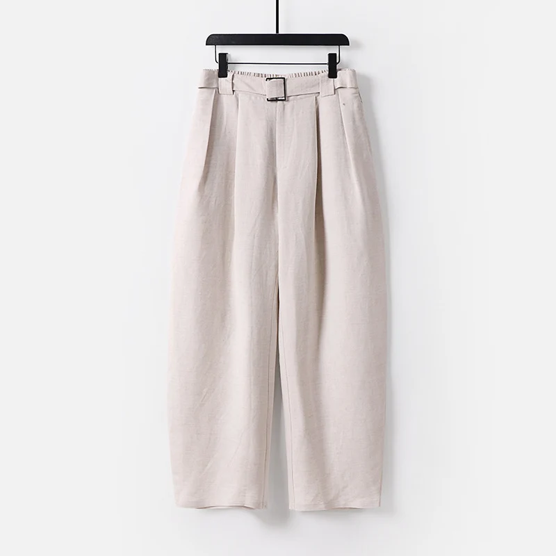 Damen Hochgeschnittene weite Leinenmix-Hose mit Bundfalten und Stoffgürtel Drune