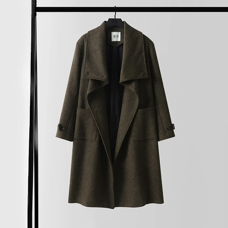 Damen Eleganter langer Wollmix-Cocoon-Mantel mit überlappendem Schalkragen und aufgesetzten Taschen Drune