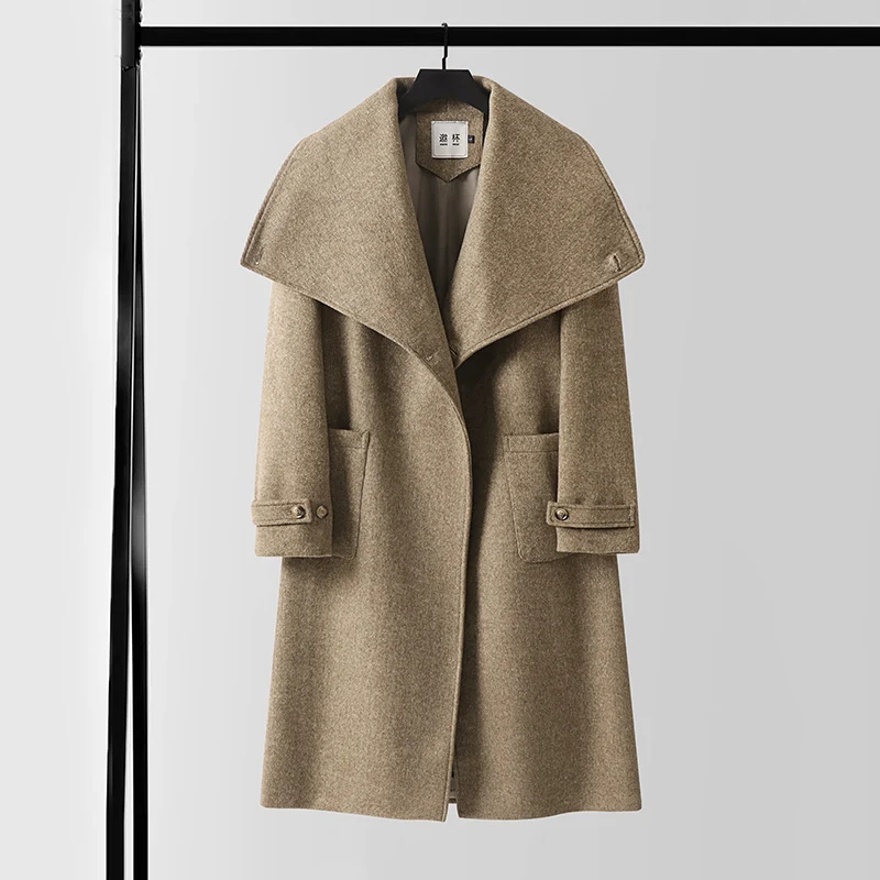 Damen Eleganter langer Wollmix-Cocoon-Mantel mit überlappendem Schalkragen und aufgesetzten Taschen Drune