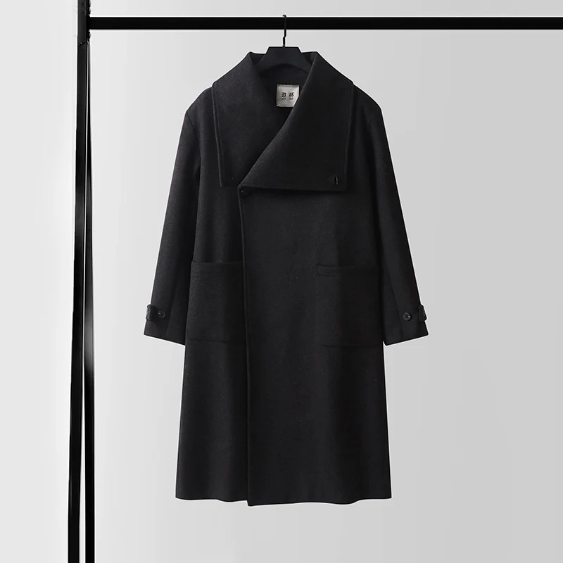 Damen Eleganter langer Wollmix-Cocoon-Mantel mit überlappendem Schalkragen und aufgesetzten Taschen Drune